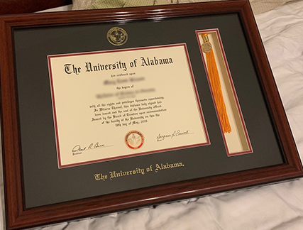  The University of Alabama diploma frame with tassel with navy mat, gold embossed school seal and name