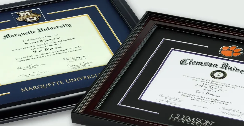 Clemson and Marquette diploma frames