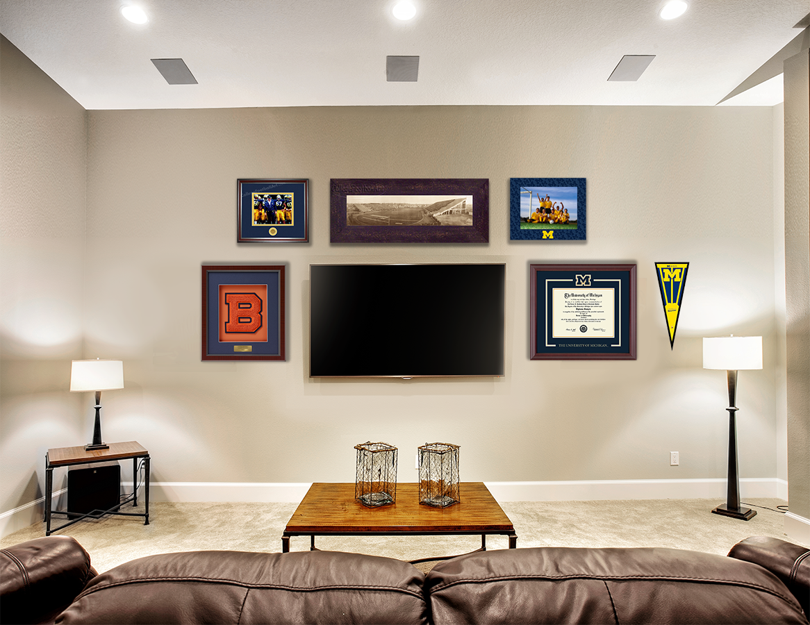 Living room with spirt medallion frame and varsitly letter frame and other sport memorabilia