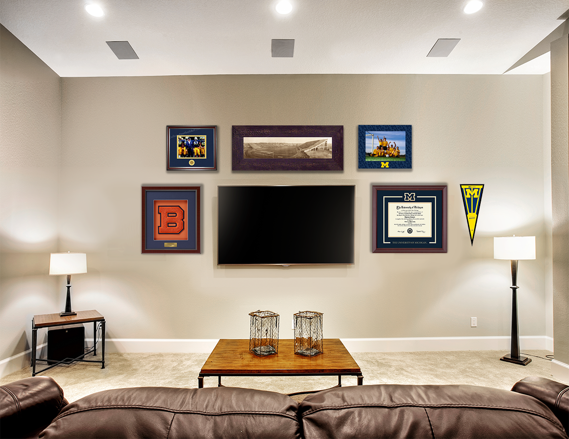 Living room with spirt medallion frame and varsitly letter frame and other sport memorabilia 