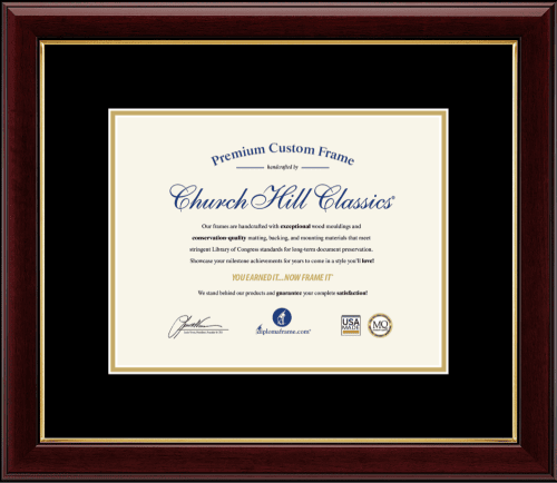 Custom dark wood frame with gold inner edging and black matting, showcasing a Premium Custom Frame certificate from Church Hill Classics, highlighting the brand's commitment to handcrafted quality and conservation materials.