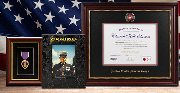 Group of various military frame offerings from Church Hill Classics with an american flag in the background.