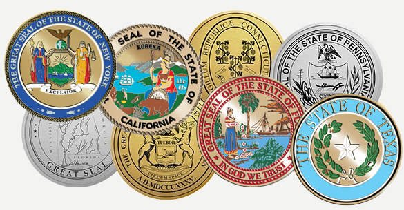 various state seal medallions that are gold, silver, and multi-colored showing their variety in design