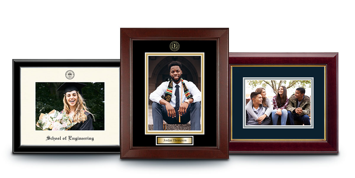 three different photo frames featuring graduates and college friends