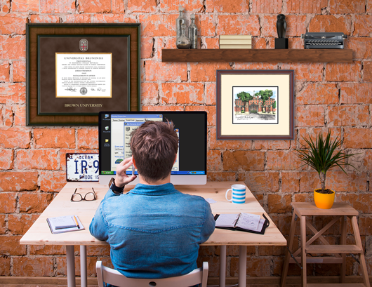 Diploma frame on a wall in a brick office