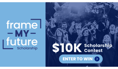 Frame My Future Scholarship logo next to blue tinted photo of graduates with text 