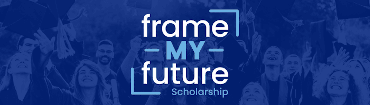 Blue-tinted photograph of graduates with Frame My Future Scholarship logo over it.