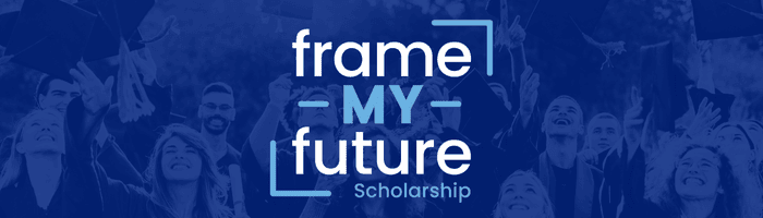 Blue-tinted photograph of graduates with Frame My Future Scholarship logo over it.