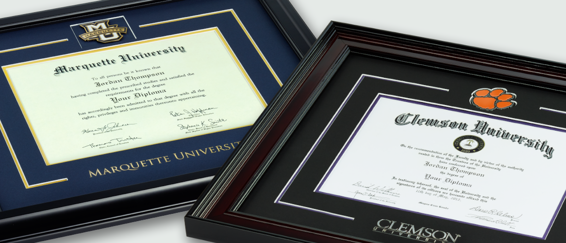 Marquette and Clemson spirit diploma frames close up
