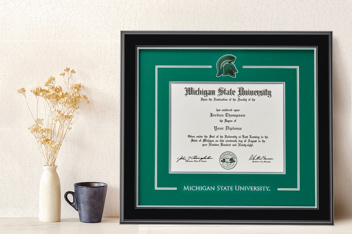 Michigan State University Spirit Diploma Frames sitting on shelf