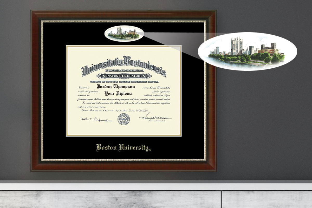 BU degree frame with a campus scene of Boston
