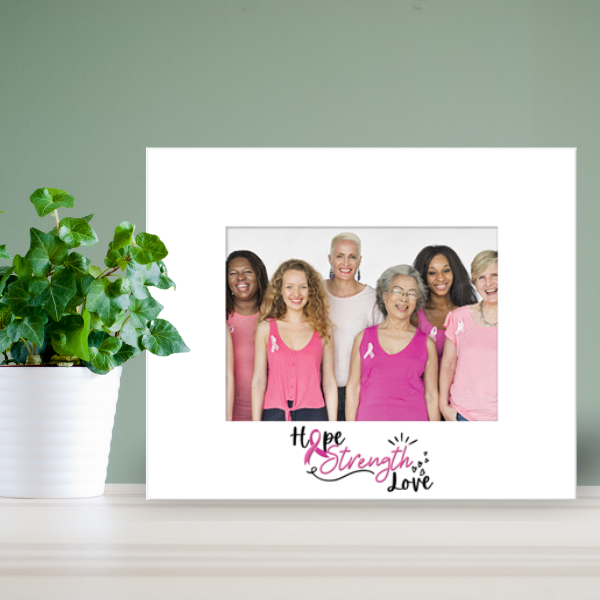 Photo of women in pink shirts in white photo frame with