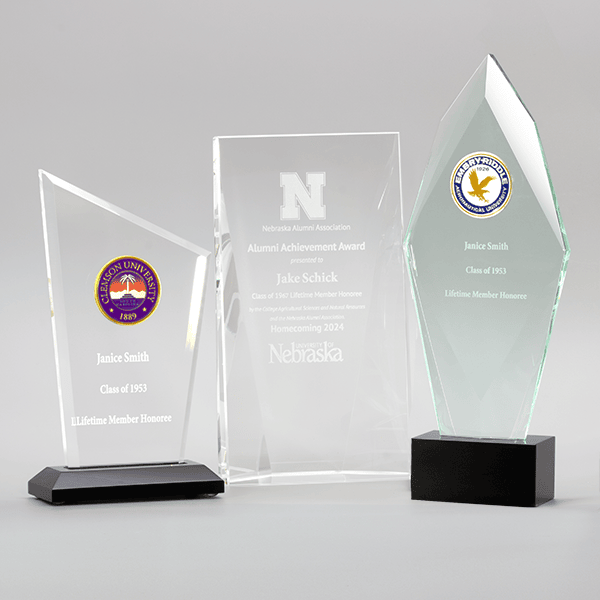 three designs of custom crystal award products