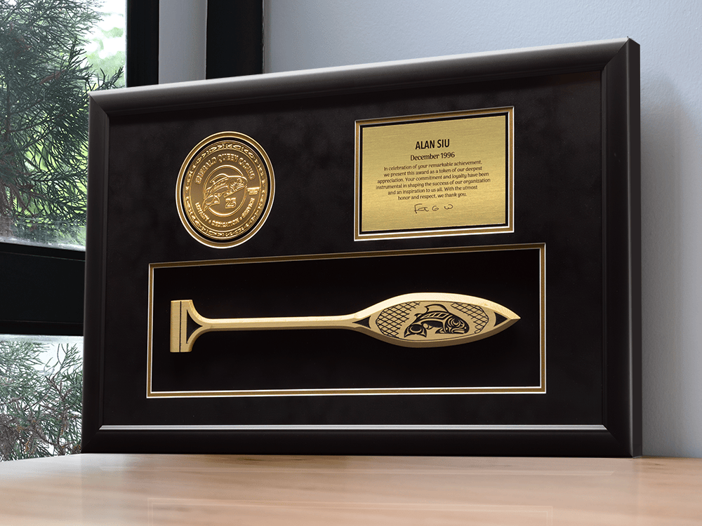 Premium custom award frame with a medallion and engraved plate