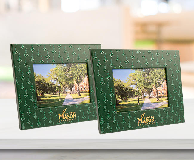 two picture frames that are green with a design on them for George Mason University