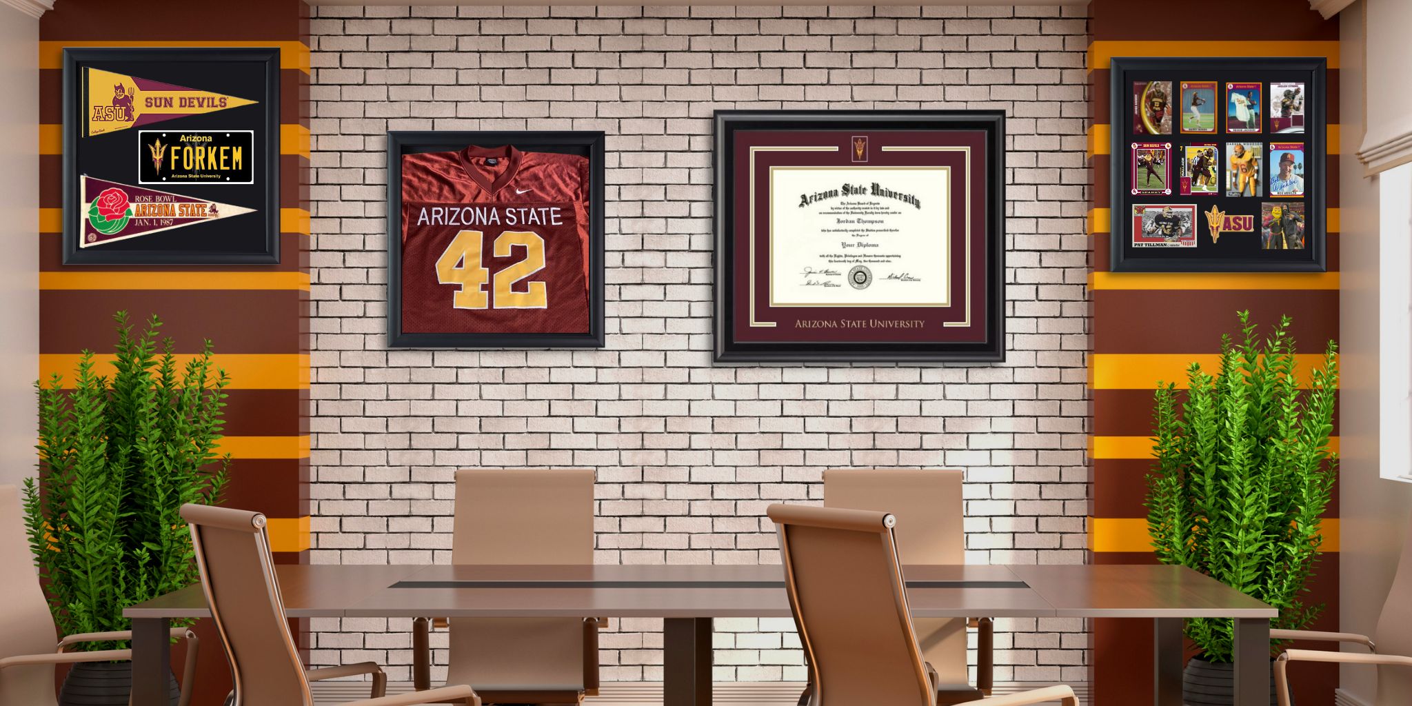 Arizona State sports shadow boxes and asu dipoloma frame in office