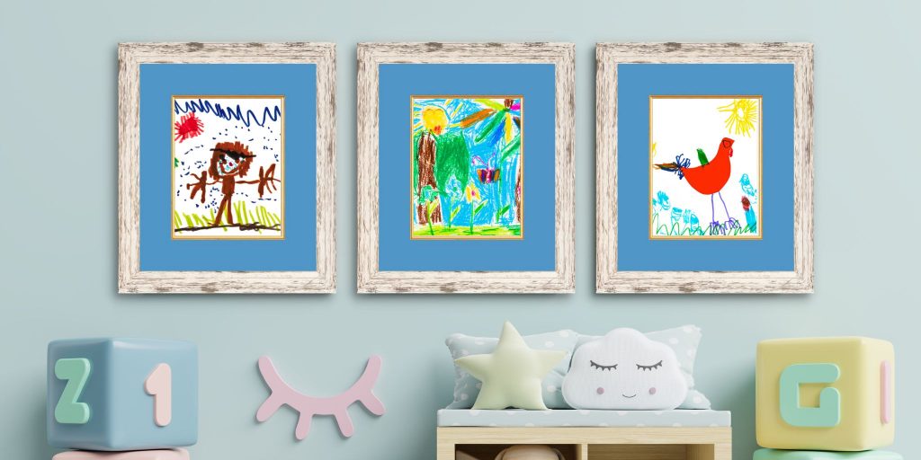 framed children's art in kids bedroom