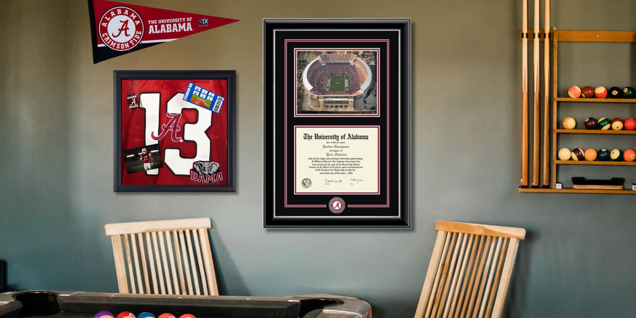 game room with unversity of alabama memorabilia, diploma frame, and shadow box on wall