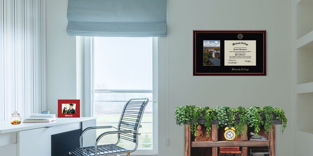 wabash college diploma and photo frame in office