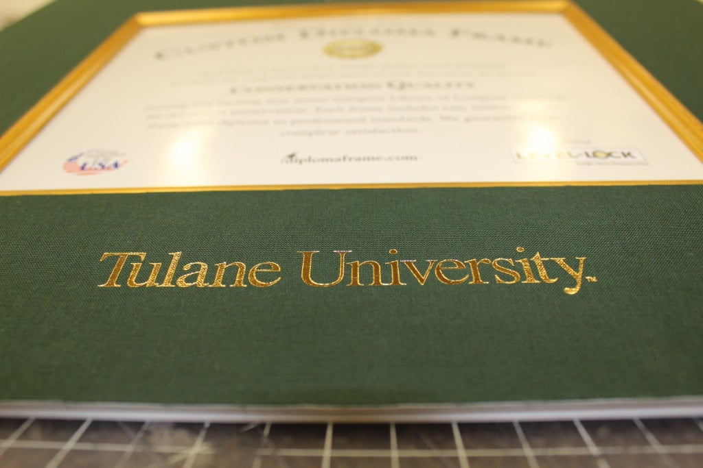 closeup of tulane diploma frame matboard