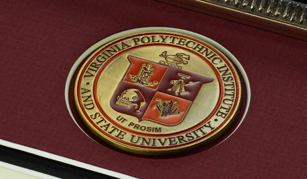 Virginia Tech masterpiece medallion set into mat