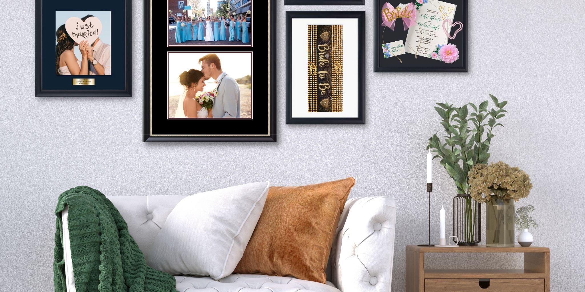 Wedding photos and bridal party keepsakes on wall