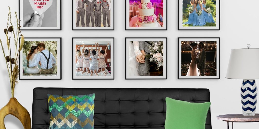 gallery wall of wedding photos above couch