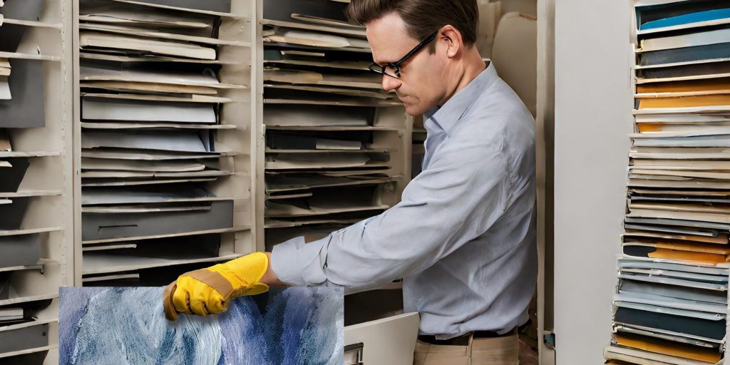 man handling painting in art storage unit