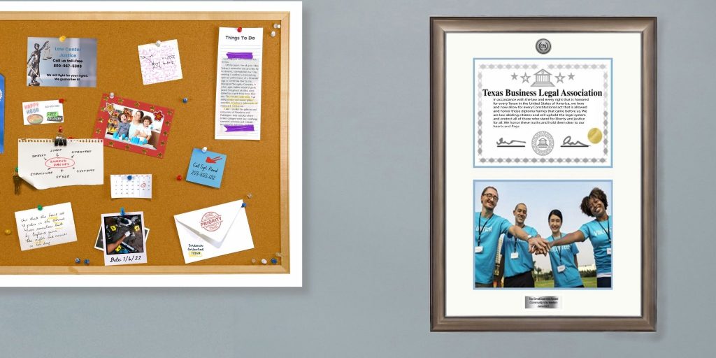 bulletin board on wall next to double document frame