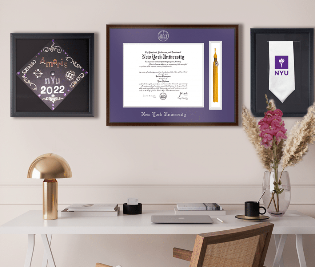 NYU Grad cap tassel frame and stole frame