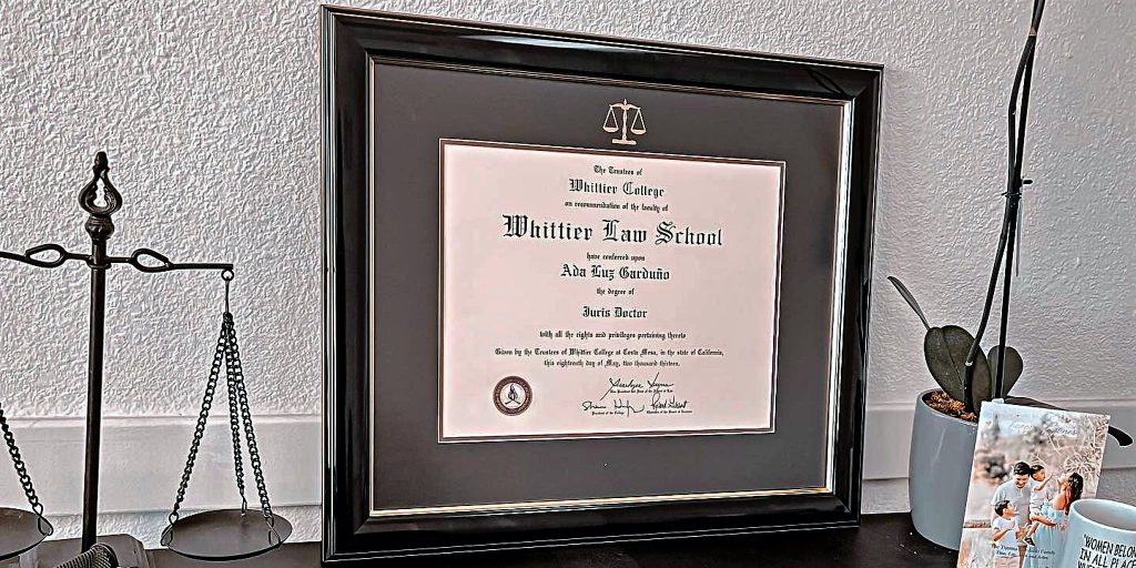 whittier college law school diploma frame on lawyers desk