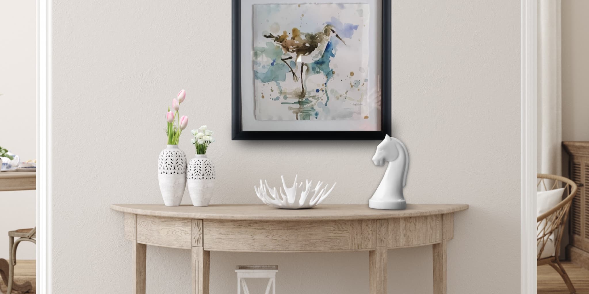 watercolor painting of seagull on wall above table