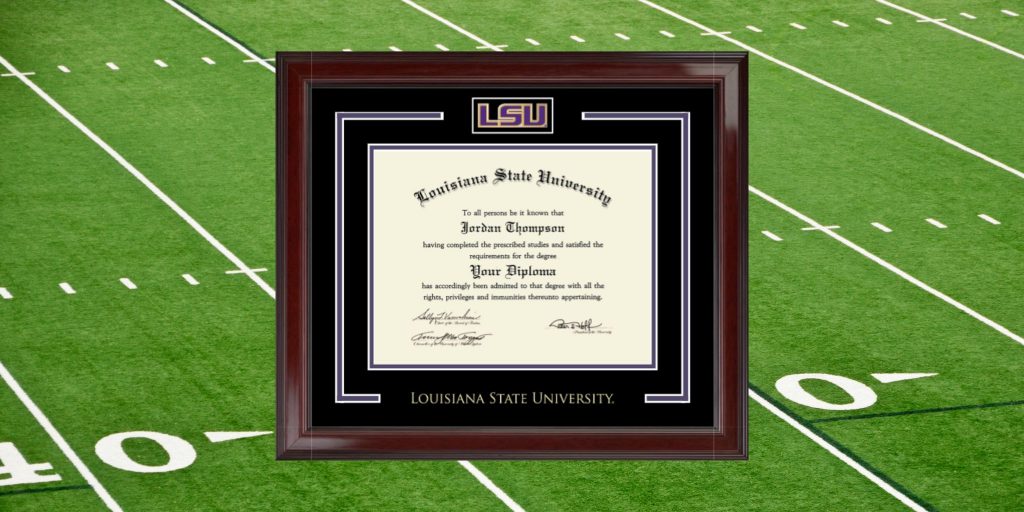 LSU spirit diploma frame in front of football field