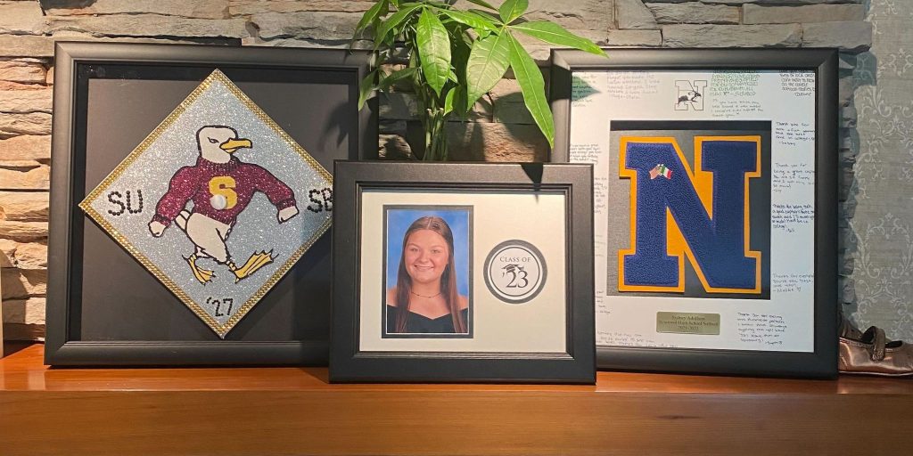 mantle with grad cap shadow box frame, custom photo frame, and varsity letter shadow box frame