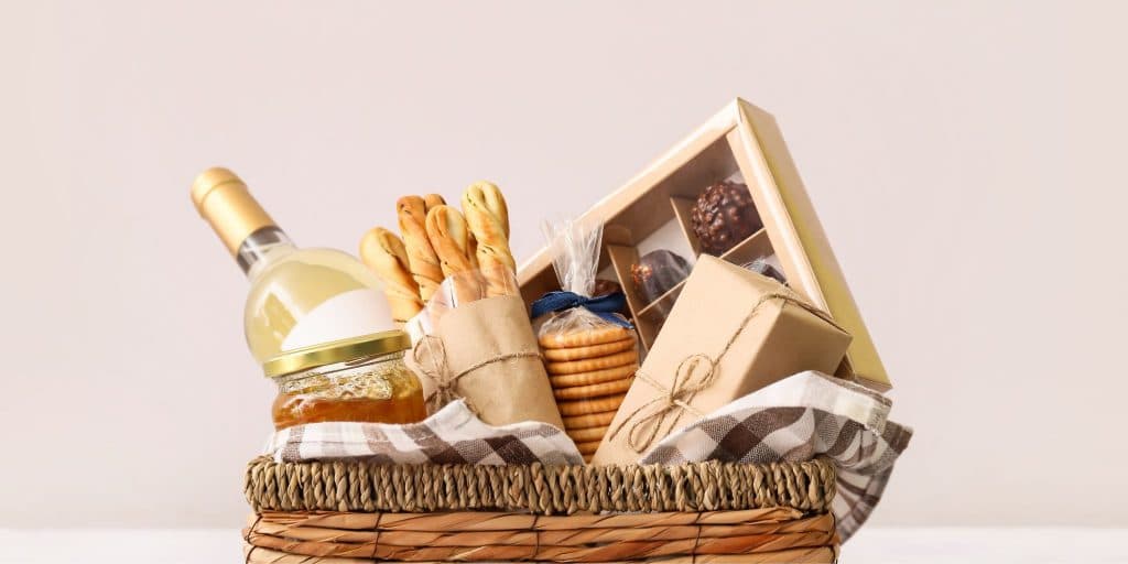 wine, chocolate, and bread gift basket