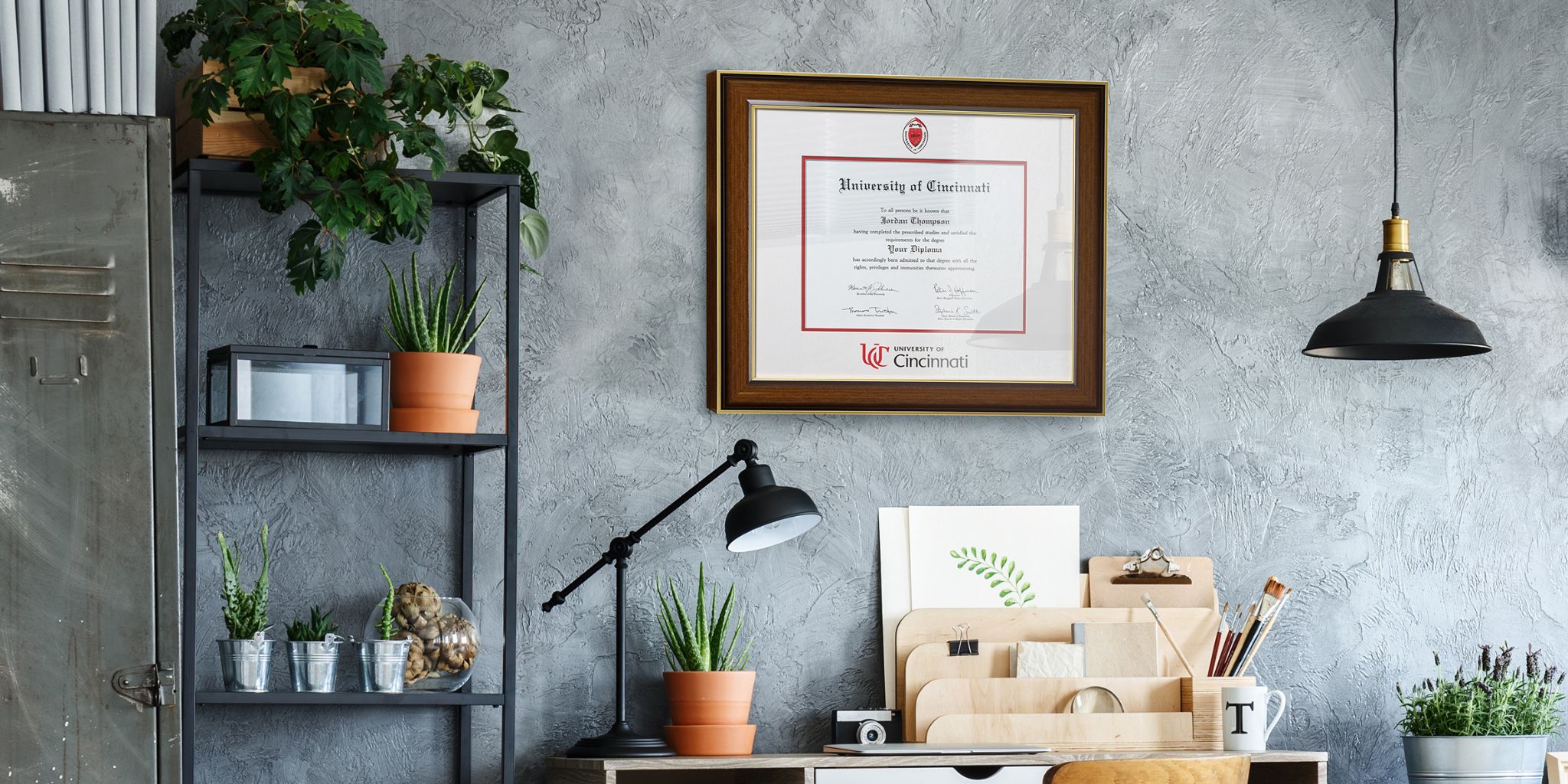 university of cincinnati diploma frame on office wall