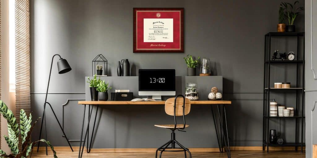 gray office with red marist college frame