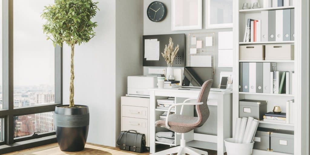 office with shelves and lighting