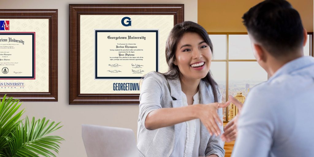 smiling woman shaking hands with job interviewer