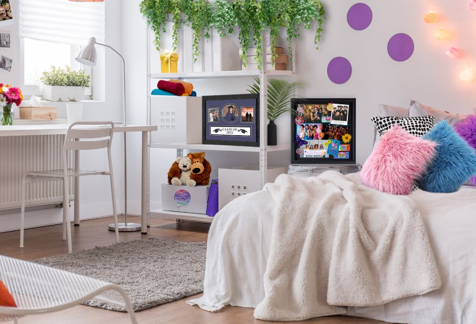 dorm room with plants frames and pillows