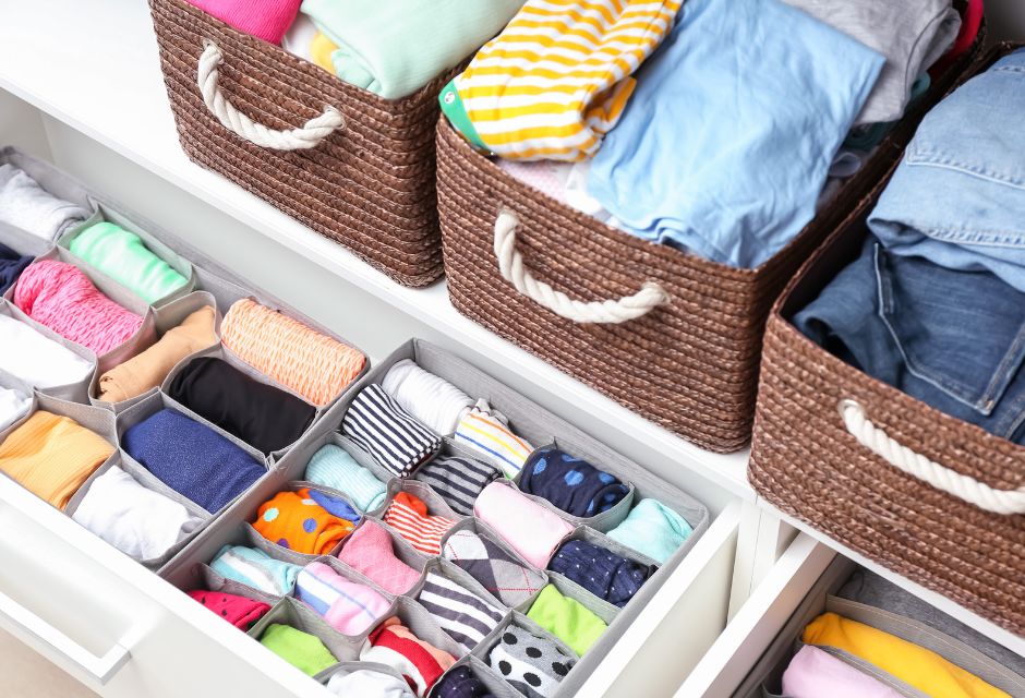 clothes organized in decorative bins