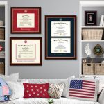 red white blue diploma frames on wall