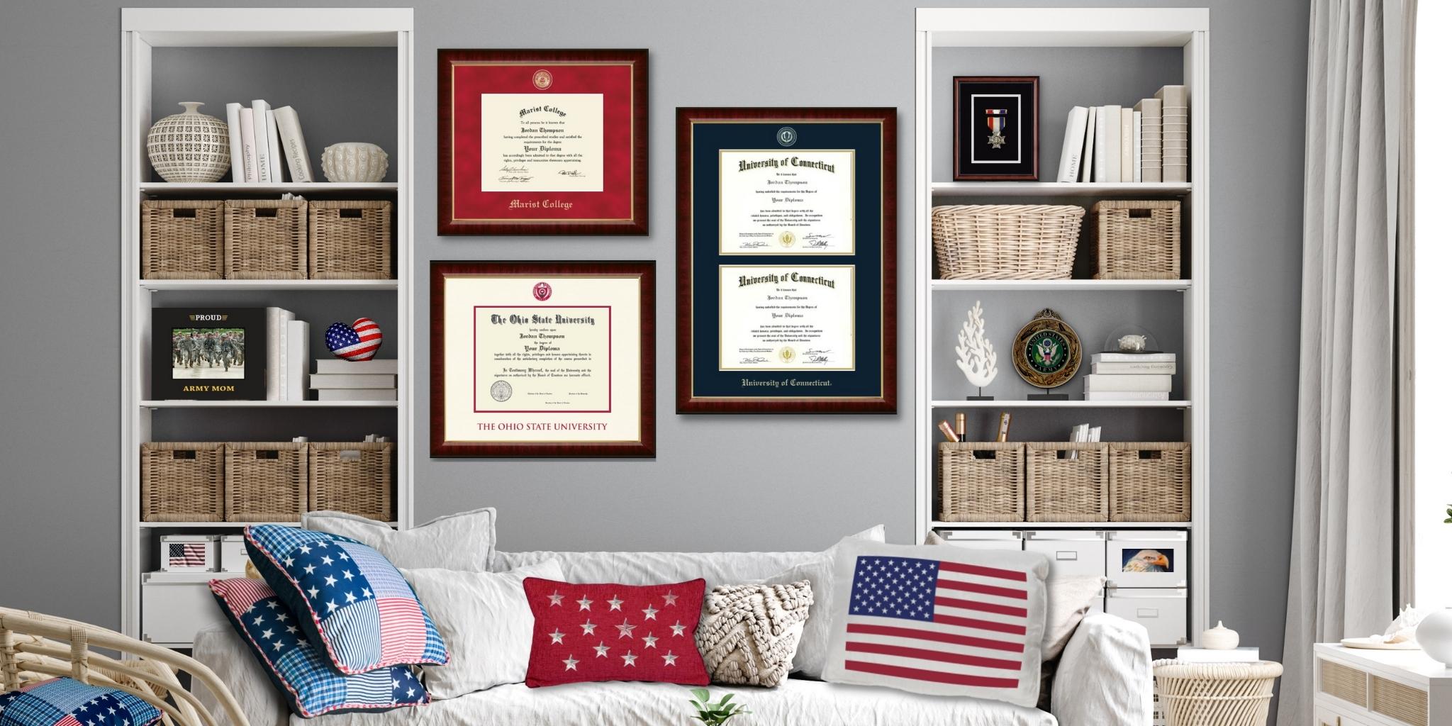 red white blue diploma frames on wall