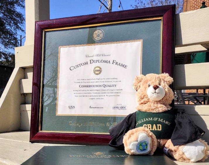 william and mary diploma frame sitting in front of window with teddy bear mascot in front