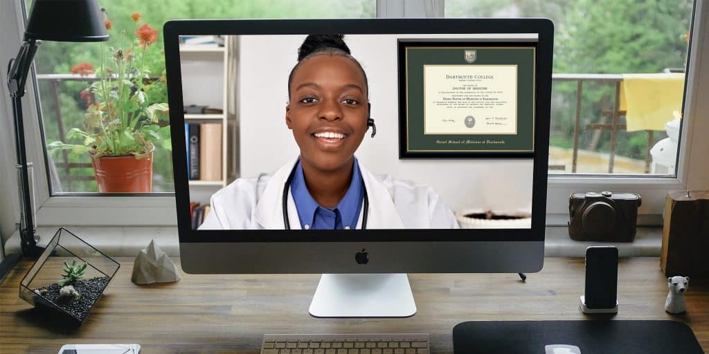 doctor on zoom call with diploma frame on wall