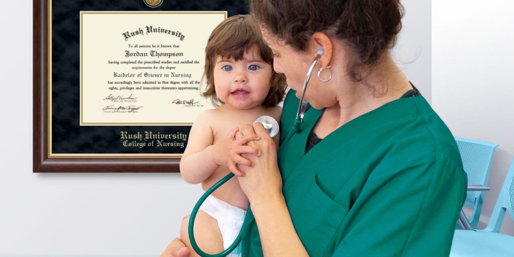 nurse holding toddler and listening to her heartbeat with stethoscope