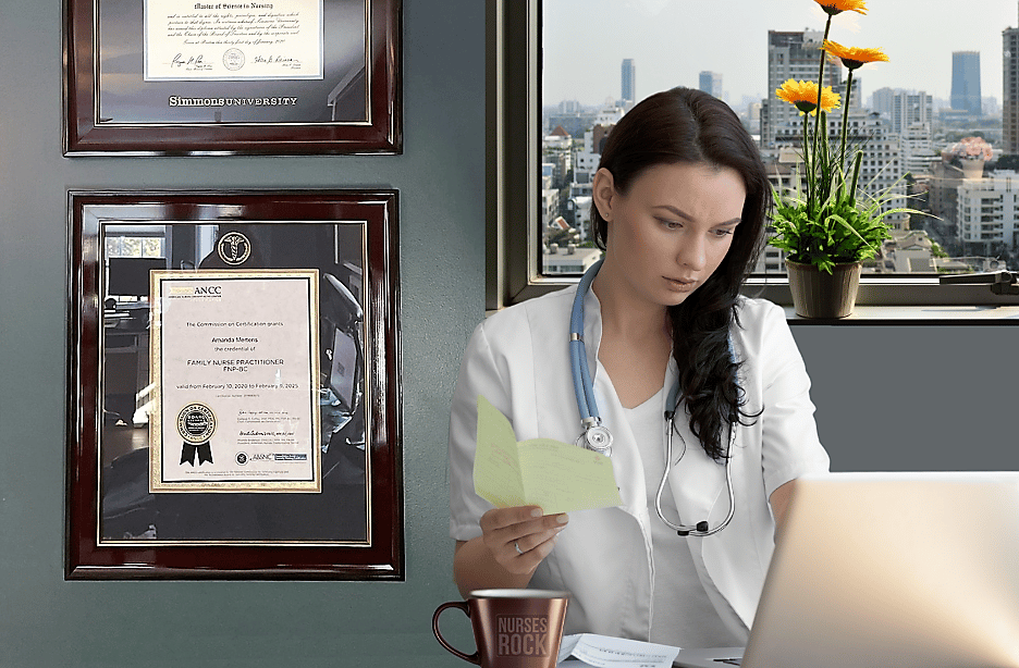 nurse working at computer in office