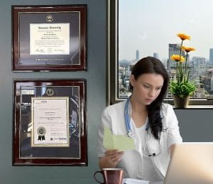 nurse in office with framed nursing degrees
