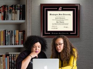 women in office with washington state u diploma frame
