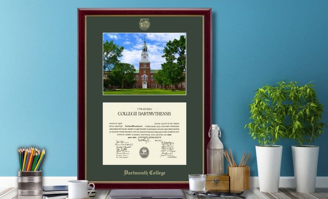 Dartmouth College diploma frame on desk